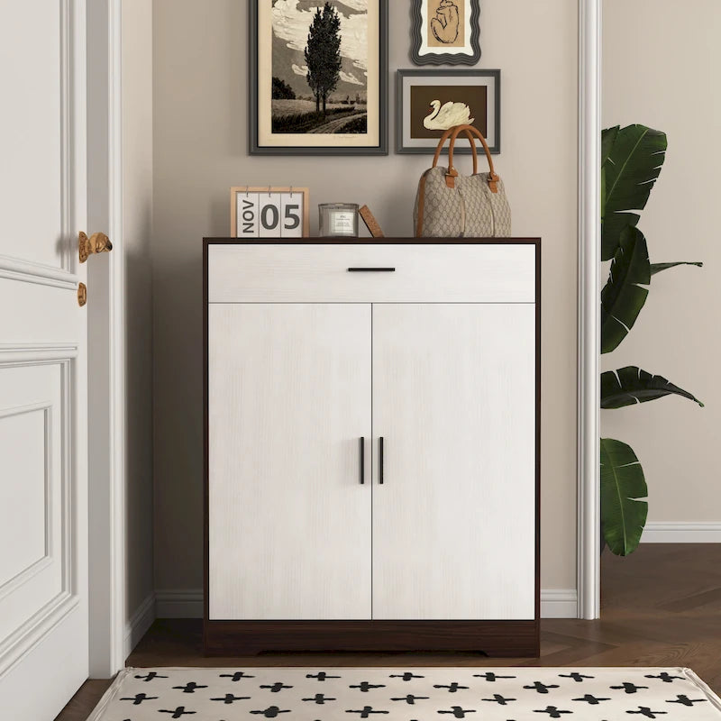 Walnut / Natural 4-Tier Shoe Cabinet with Drawer & 2 Doors – Adjustable Shelves, Fits 2–4 People