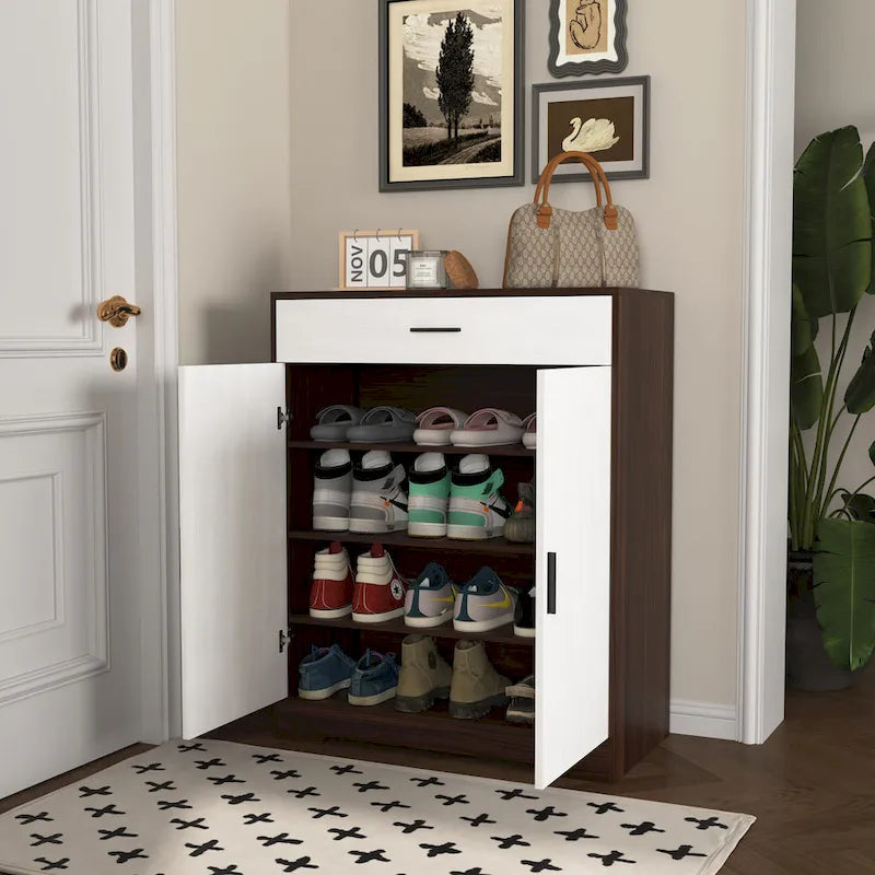 Walnut / Natural 4-Tier Shoe Cabinet with Drawer & 2 Doors – Adjustable Shelves, Fits 2–4 People