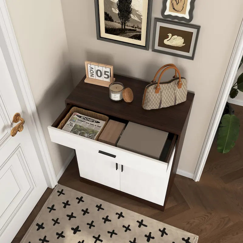 Walnut / Natural 4-Tier Shoe Cabinet with Drawer & 2 Doors – Adjustable Shelves, Fits 2–4 People