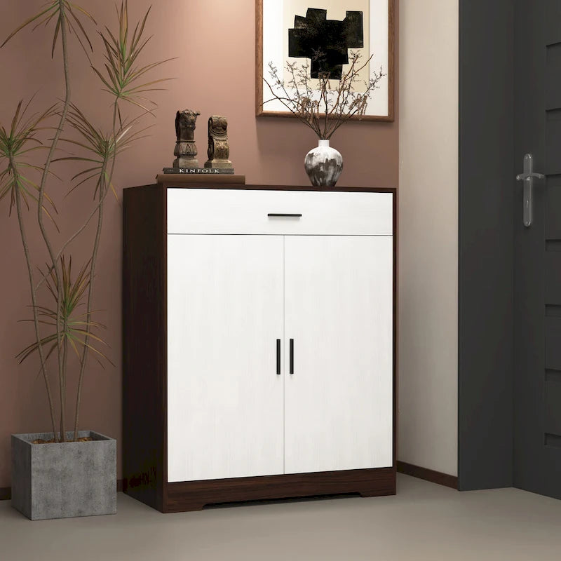 Walnut / Natural 4-Tier Shoe Cabinet with Drawer & 2 Doors – Adjustable Shelves, Fits 2–4 People