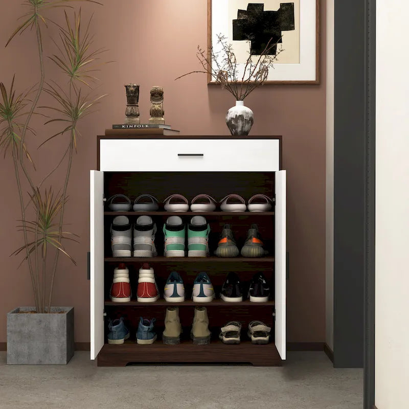 Walnut / Natural 4-Tier Shoe Cabinet with Drawer & 2 Doors – Adjustable Shelves, Fits 2–4 People