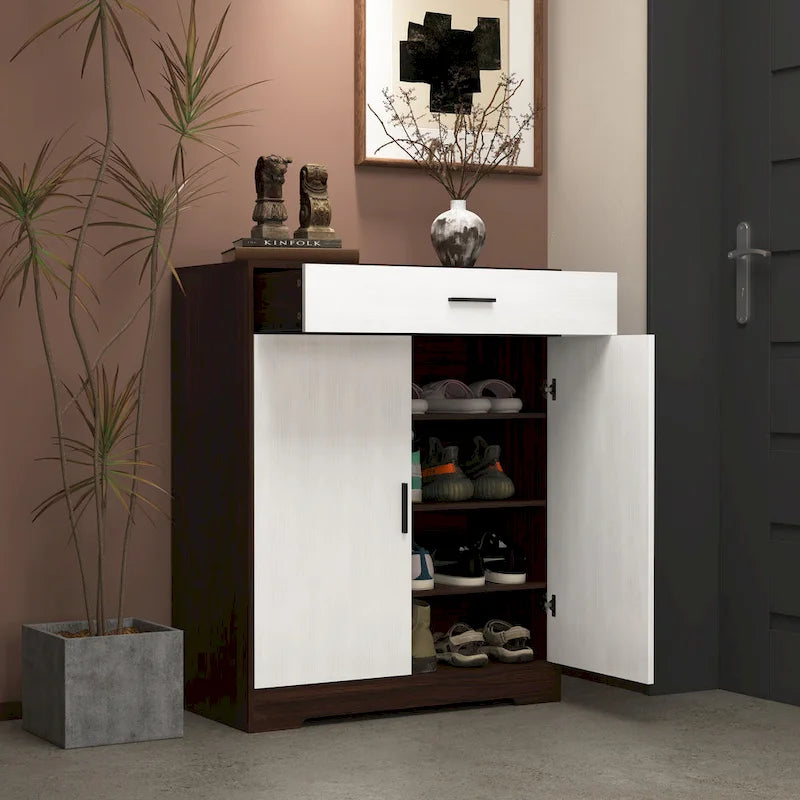 Walnut / Natural 4-Tier Shoe Cabinet with Drawer & 2 Doors – Adjustable Shelves, Fits 2–4 People