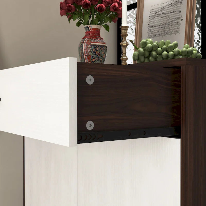 Walnut / Natural 4-Tier Shoe Cabinet with Drawer & 2 Doors – Adjustable Shelves, Fits 2–4 People