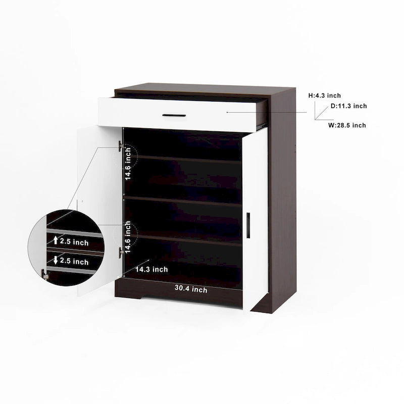 Walnut / Natural 4-Tier Shoe Cabinet with Drawer & 2 Doors – Adjustable Shelves, Fits 2–4 People