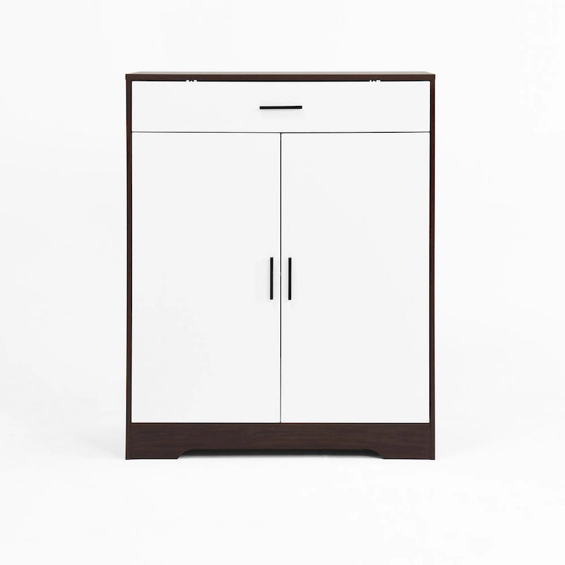 Walnut / Natural 4-Tier Shoe Cabinet with Drawer & 2 Doors – Adjustable Shelves, Fits 2–4 People