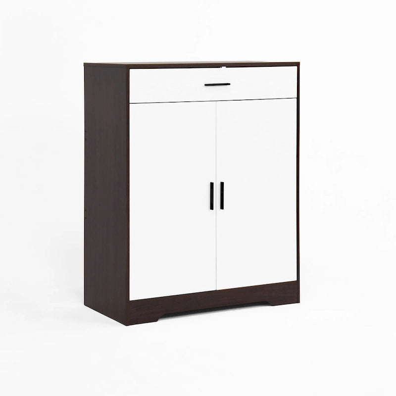 Walnut / Natural 4-Tier Shoe Cabinet with Drawer & 2 Doors – Adjustable Shelves, Fits 2–4 People