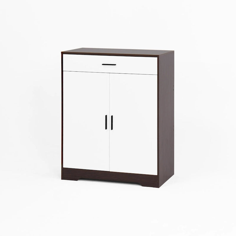 Walnut / Natural 4-Tier Shoe Cabinet with Drawer & 2 Doors – Adjustable Shelves, Fits 2–4 People