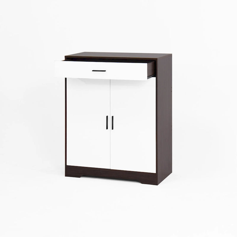 Walnut / Natural 4-Tier Shoe Cabinet with Drawer & 2 Doors – Adjustable Shelves, Fits 2–4 People