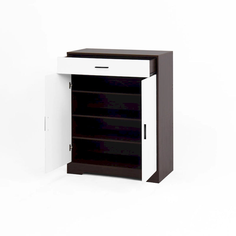 Walnut / Natural 4-Tier Shoe Cabinet with Drawer & 2 Doors – Adjustable Shelves, Fits 2–4 People