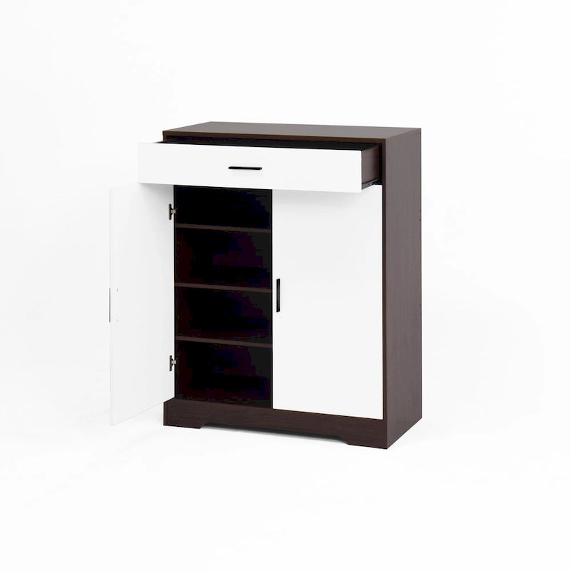 Walnut / Natural 4-Tier Shoe Cabinet with Drawer & 2 Doors – Adjustable Shelves, Fits 2–4 People