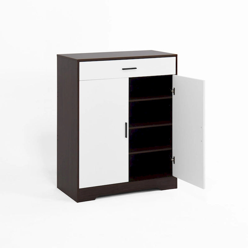 Walnut / Natural 4-Tier Shoe Cabinet with Drawer & 2 Doors – Adjustable Shelves, Fits 2–4 People