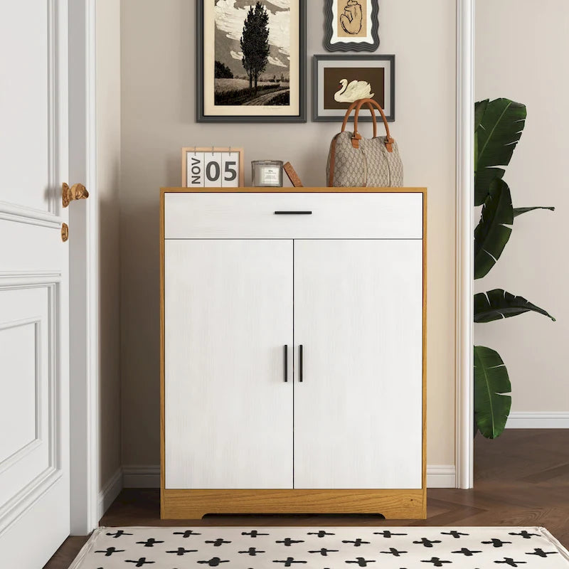 Walnut / Natural 4-Tier Shoe Cabinet with Drawer & 2 Doors – Adjustable Shelves, Fits 2–4 People