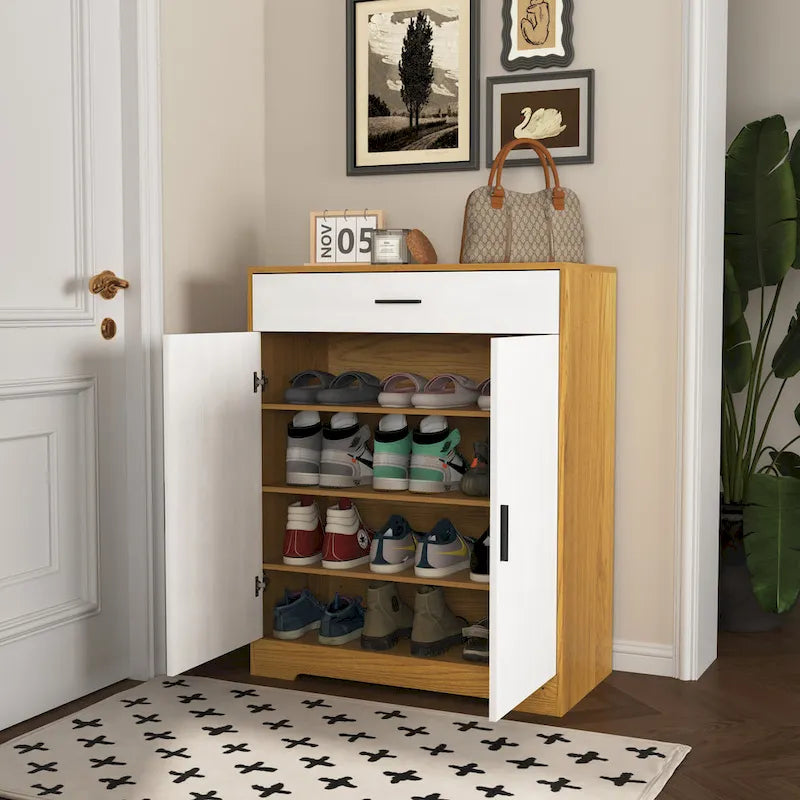 Walnut / Natural 4-Tier Shoe Cabinet with Drawer & 2 Doors – Adjustable Shelves, Fits 2–4 People