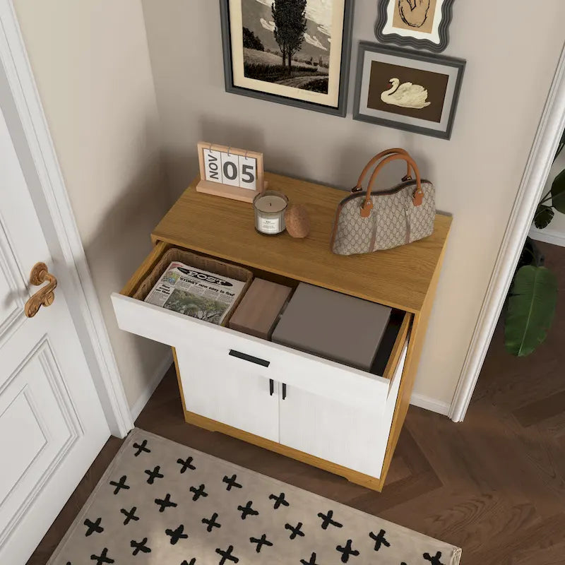 Walnut / Natural 4-Tier Shoe Cabinet with Drawer & 2 Doors – Adjustable Shelves, Fits 2–4 People