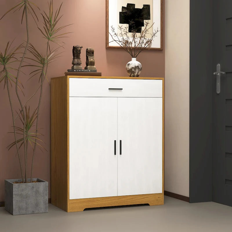Walnut / Natural 4-Tier Shoe Cabinet with Drawer & 2 Doors – Adjustable Shelves, Fits 2–4 People