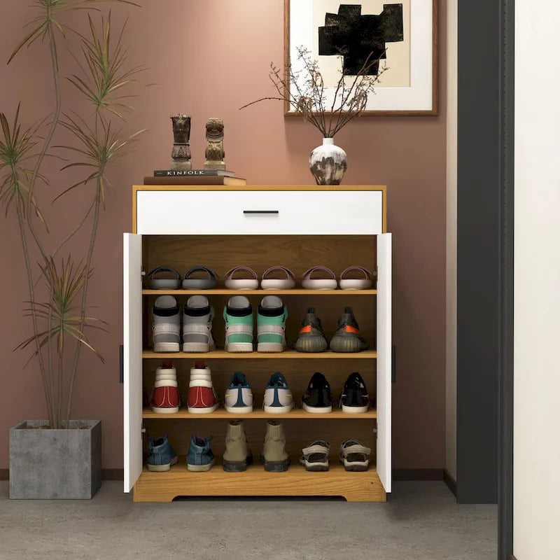 Walnut / Natural 4-Tier Shoe Cabinet with Drawer & 2 Doors – Adjustable Shelves, Fits 2–4 People