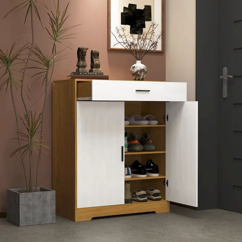 Walnut / Natural 4-Tier Shoe Cabinet with Drawer & 2 Doors – Adjustable Shelves, Fits 2–4 People