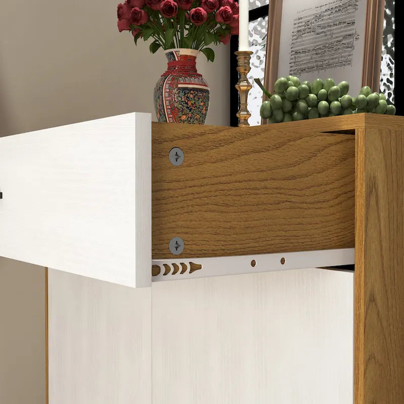 Walnut / Natural 4-Tier Shoe Cabinet with Drawer & 2 Doors – Adjustable Shelves, Fits 2–4 People