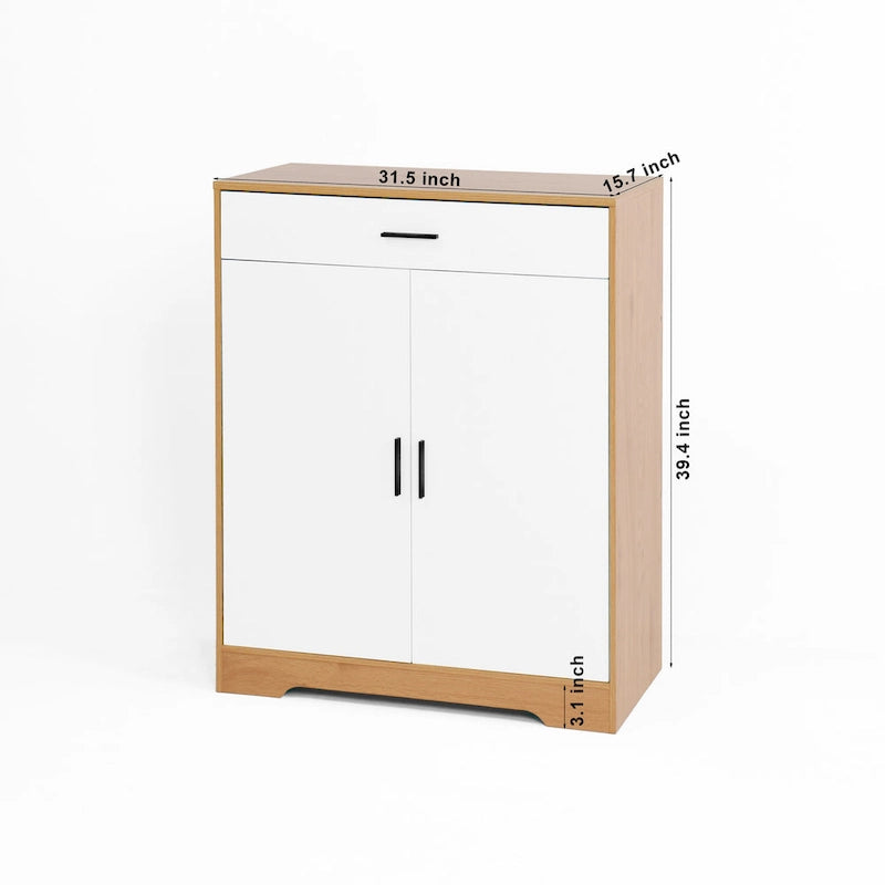 Walnut / Natural 4-Tier Shoe Cabinet with Drawer & 2 Doors – Adjustable Shelves, Fits 2–4 People