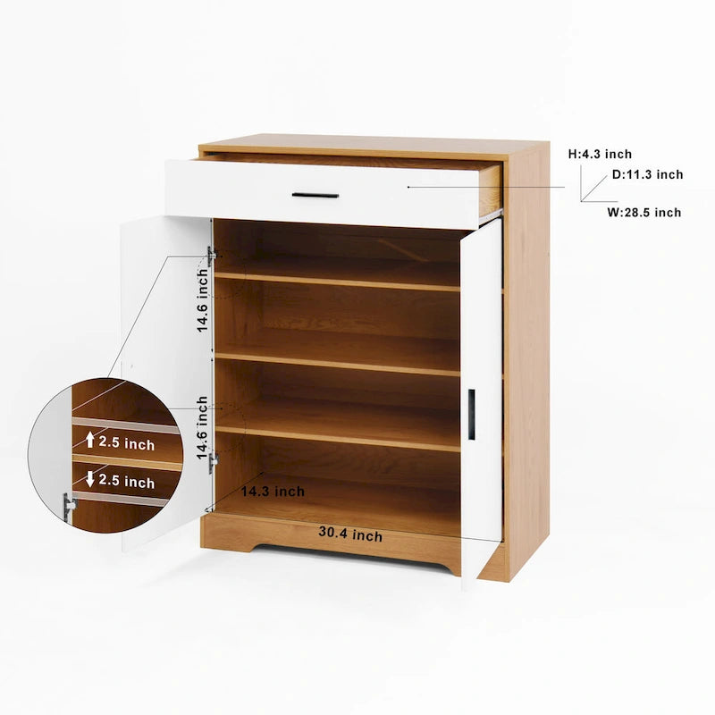 Walnut / Natural 4-Tier Shoe Cabinet with Drawer & 2 Doors – Adjustable Shelves, Fits 2–4 People