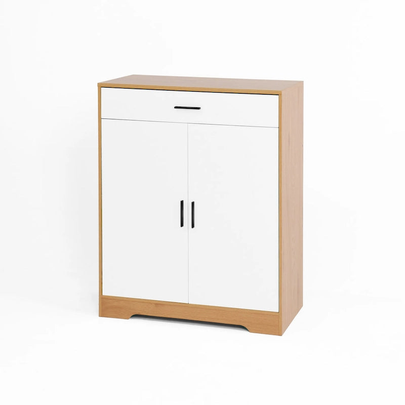 Walnut / Natural 4-Tier Shoe Cabinet with Drawer & 2 Doors – Adjustable Shelves, Fits 2–4 People