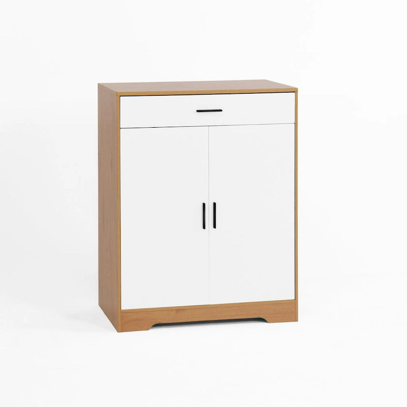 Walnut / Natural 4-Tier Shoe Cabinet with Drawer & 2 Doors – Adjustable Shelves, Fits 2–4 People