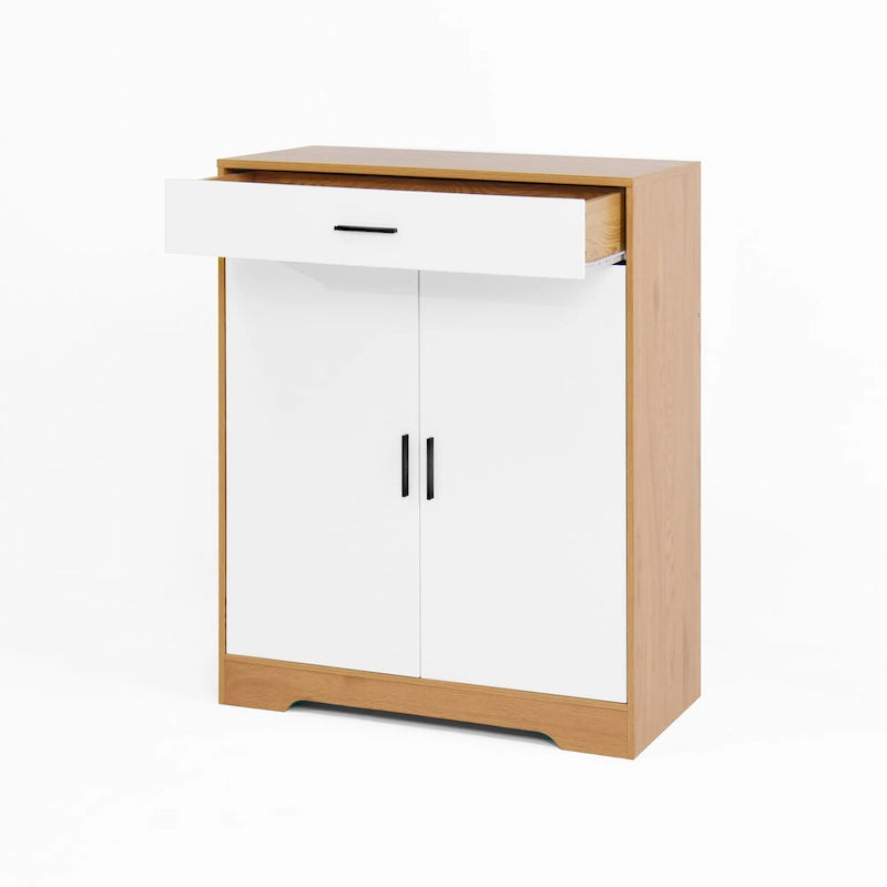 Walnut / Natural 4-Tier Shoe Cabinet with Drawer & 2 Doors – Adjustable Shelves, Fits 2–4 People