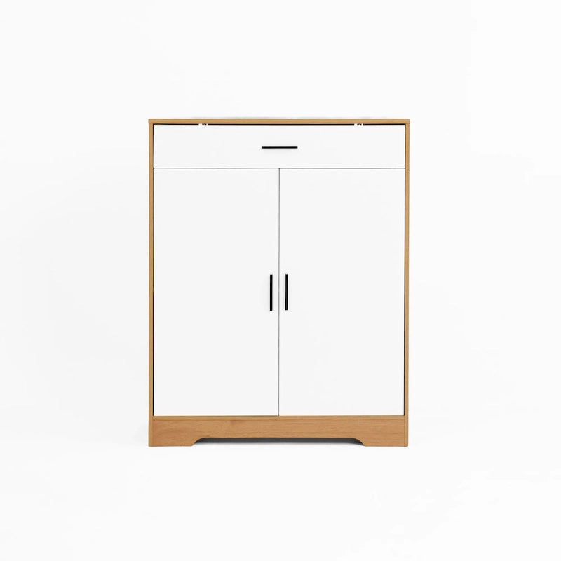 Walnut / Natural 4-Tier Shoe Cabinet with Drawer & 2 Doors – Adjustable Shelves, Fits 2–4 People