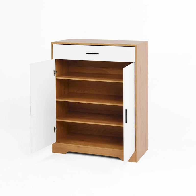 Walnut / Natural 4-Tier Shoe Cabinet with Drawer & 2 Doors – Adjustable Shelves, Fits 2–4 People