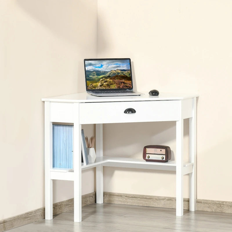 White Corner Desk with Drawer & Shelves, Single