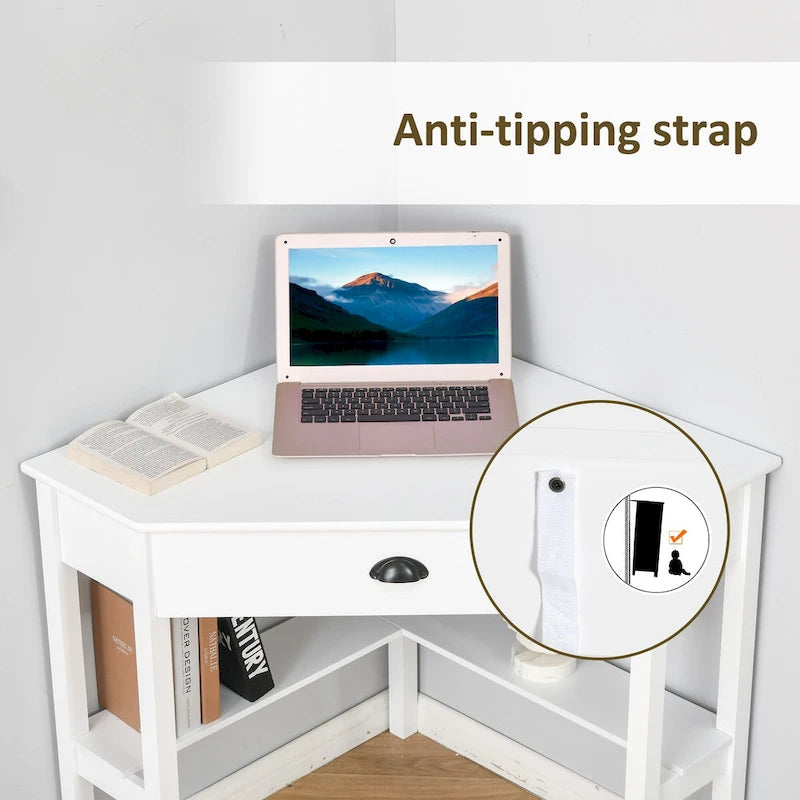 White Corner Desk with Drawer & Shelves, Single