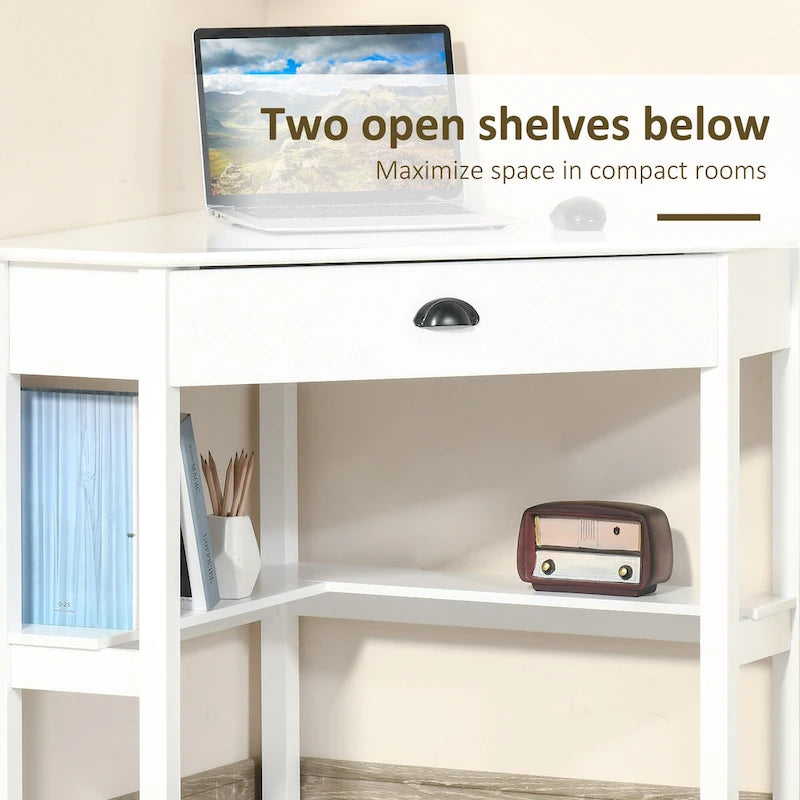 White Corner Desk with Drawer & Shelves, Single
