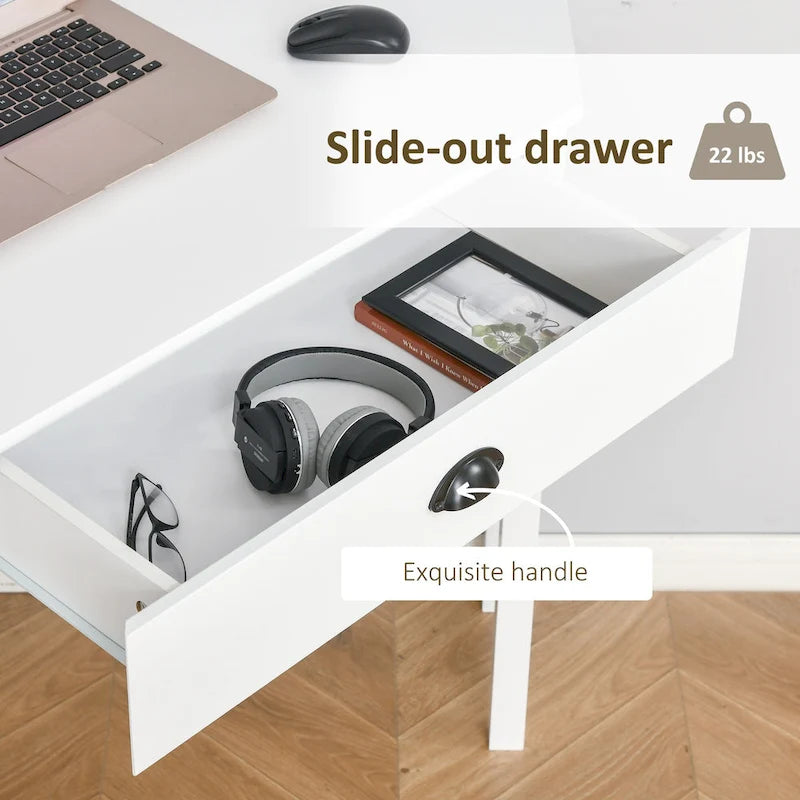 White Corner Desk with Drawer & Shelves, Single
