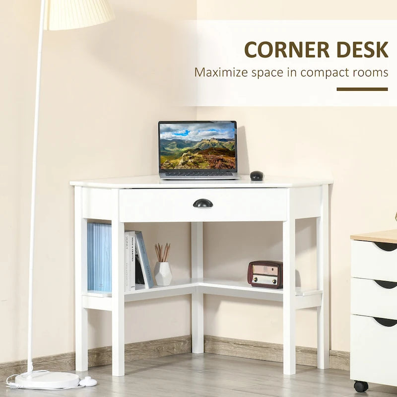 White Corner Desk with Drawer & Shelves, Single