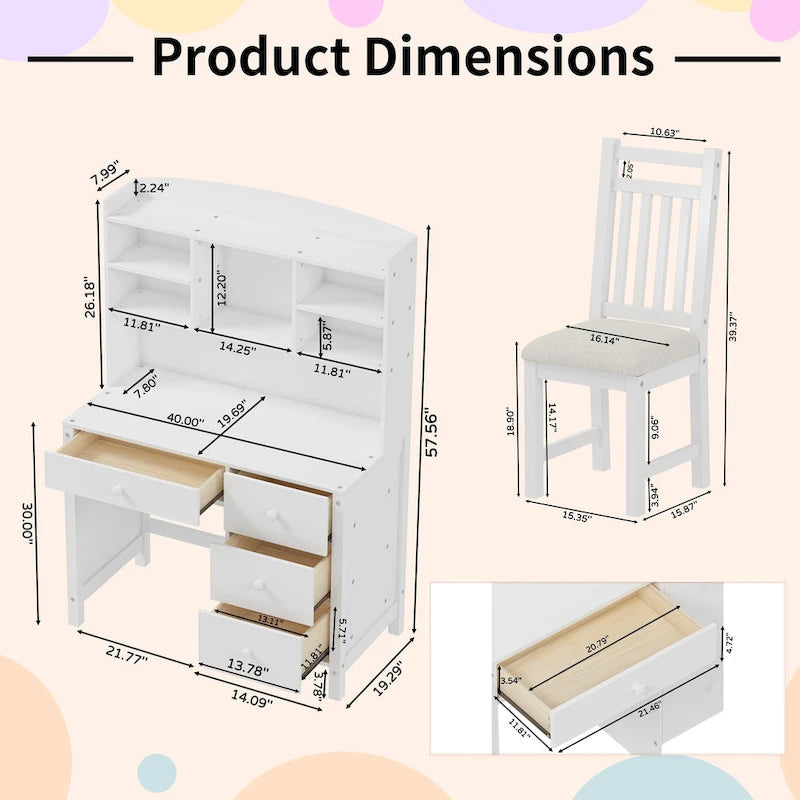 White / Espresso | Retro Writing Desk & Chair Set | 1-Person