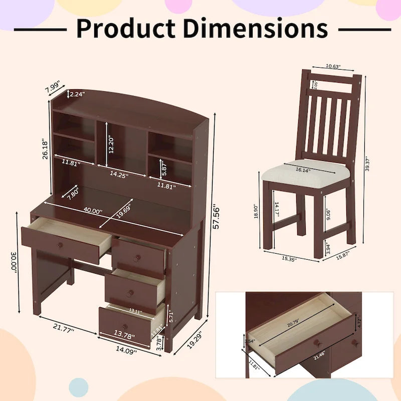 White / Espresso | Retro Writing Desk & Chair Set | 1-Person