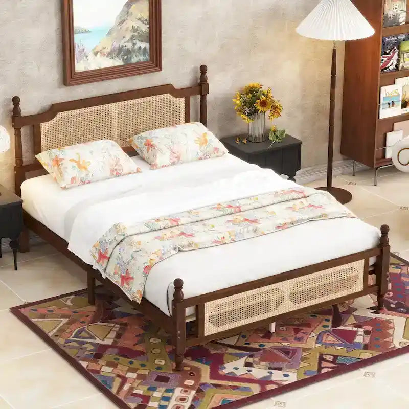 Walnut Queen Platform Bed – Rattan Headboard & Footboard, For 2