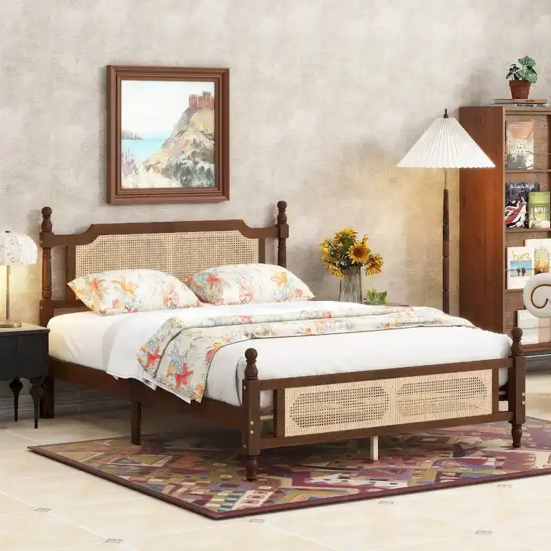 Walnut Queen Platform Bed – Rattan Headboard & Footboard, For 2