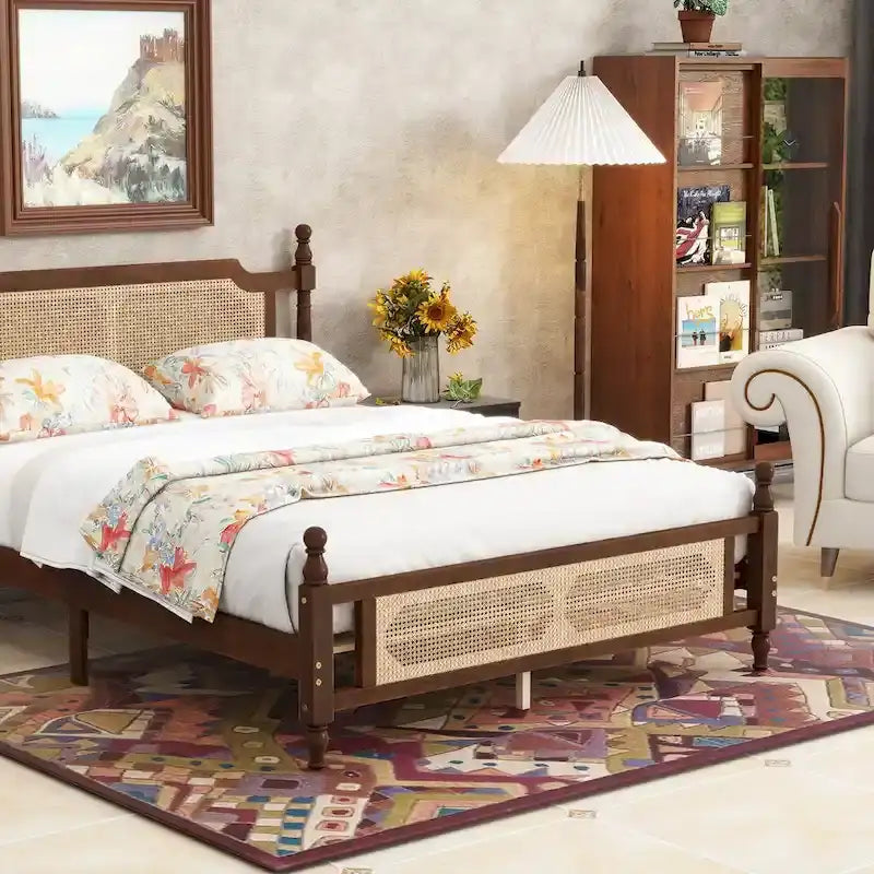 Walnut Queen Platform Bed – Rattan Headboard & Footboard, For 2
