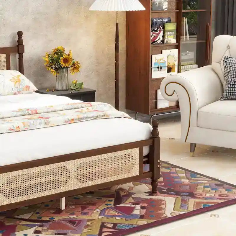 Walnut Queen Platform Bed – Rattan Headboard & Footboard, For 2