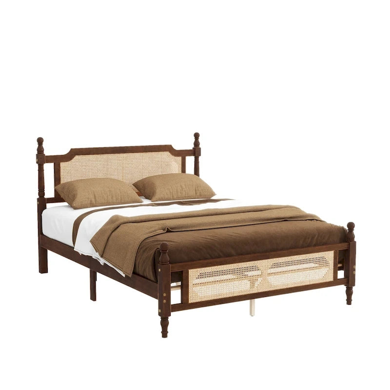 Walnut Queen Platform Bed – Rattan Headboard & Footboard, For 2