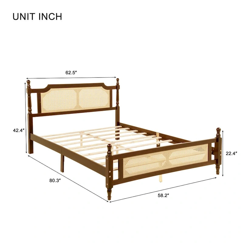 Walnut Queen Platform Bed – Rattan Headboard & Footboard, For 2