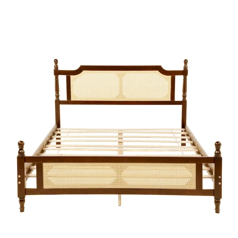 Walnut Queen Platform Bed – Rattan Headboard & Footboard, For 2