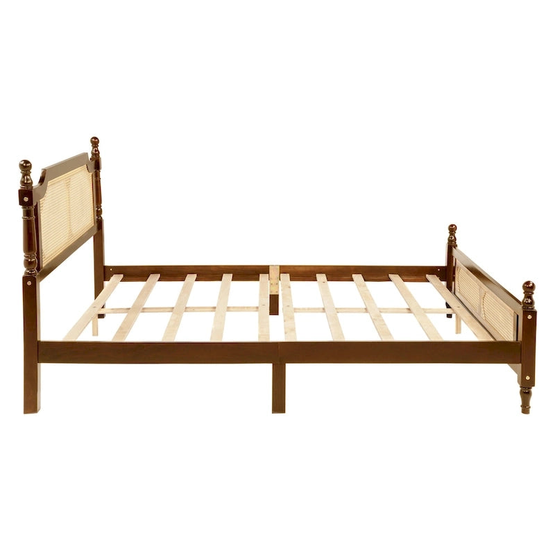 Walnut Queen Platform Bed – Rattan Headboard & Footboard, For 2