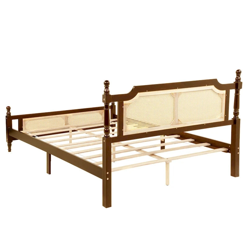 Walnut Queen Platform Bed – Rattan Headboard & Footboard, For 2