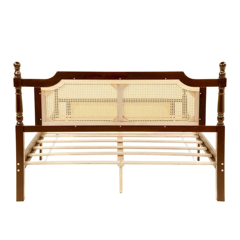 Walnut Queen Platform Bed – Rattan Headboard & Footboard, For 2