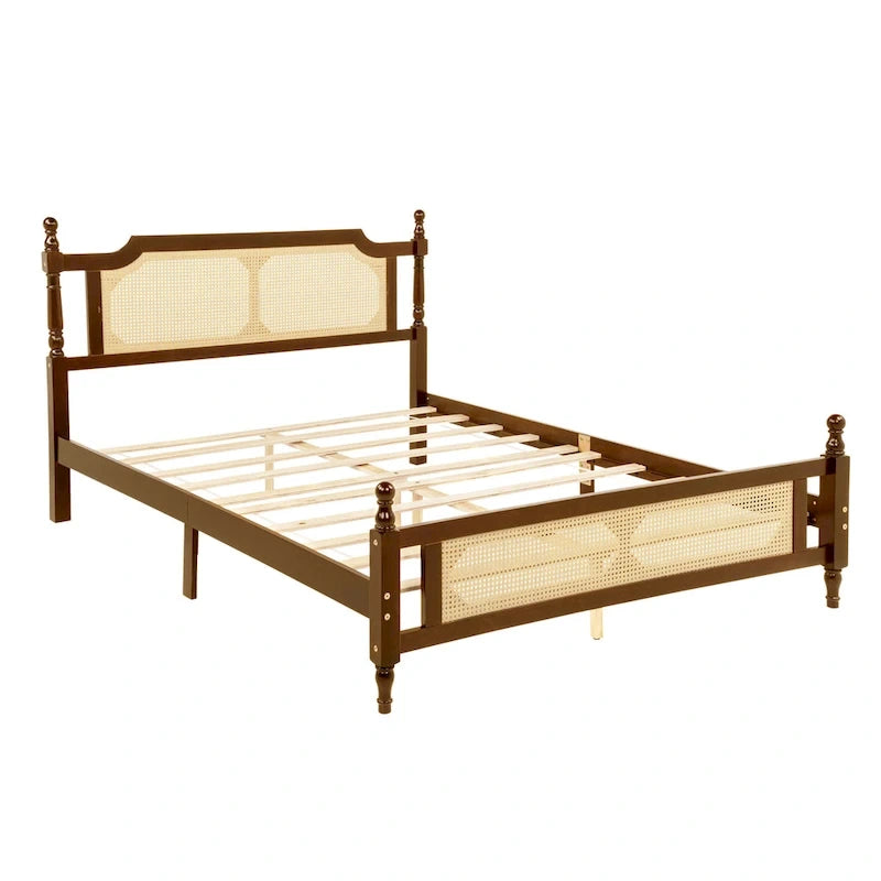 Walnut Queen Platform Bed – Rattan Headboard & Footboard, For 2