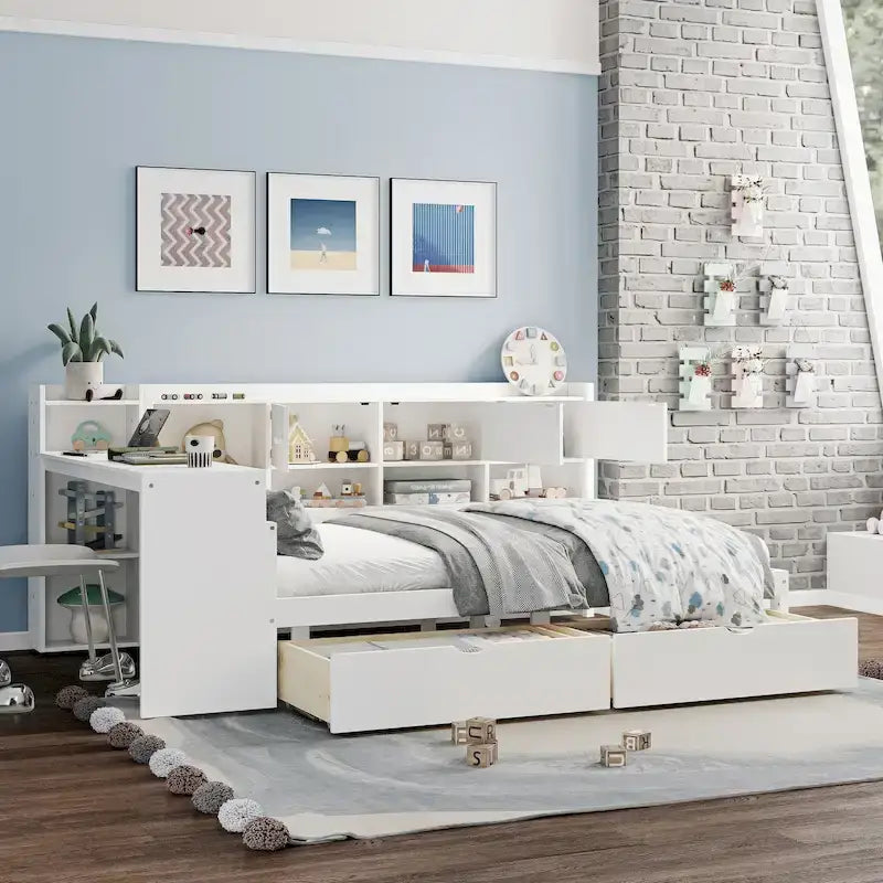 Natural/White & White L-Shaped Daybed with Desk & Storage – Full, Single