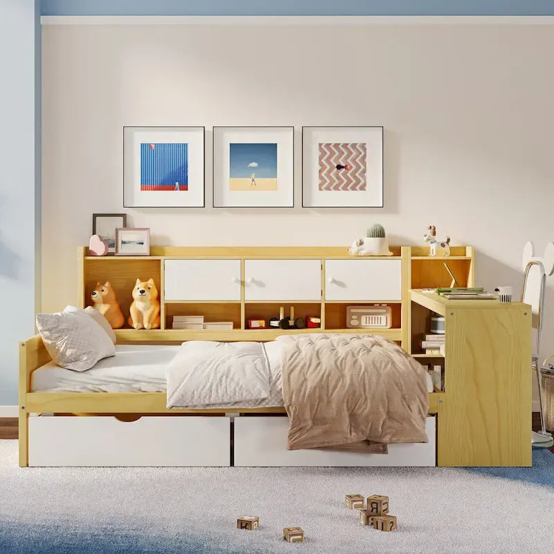 Natural/White & White L-Shaped Daybed with Desk & Storage – Full, Single