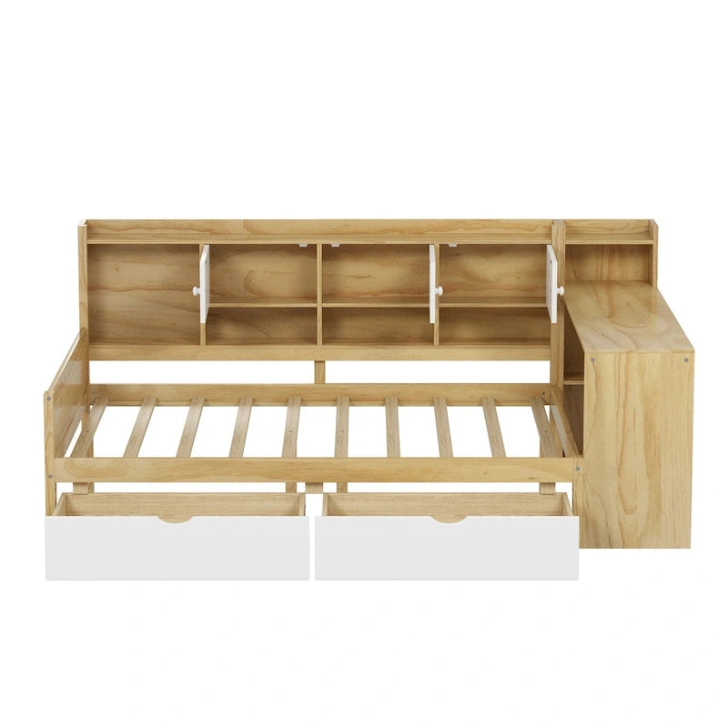 Natural/White & White L-Shaped Daybed with Desk & Storage – Full, Single